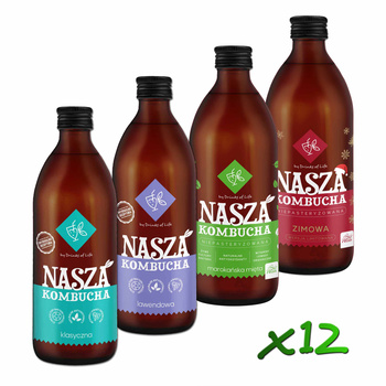 Nasza Kombucha 500ml x12szt (KLASYCZNA, LAWENDOWA, MAROK. MIĘTA, ZIMOWA)